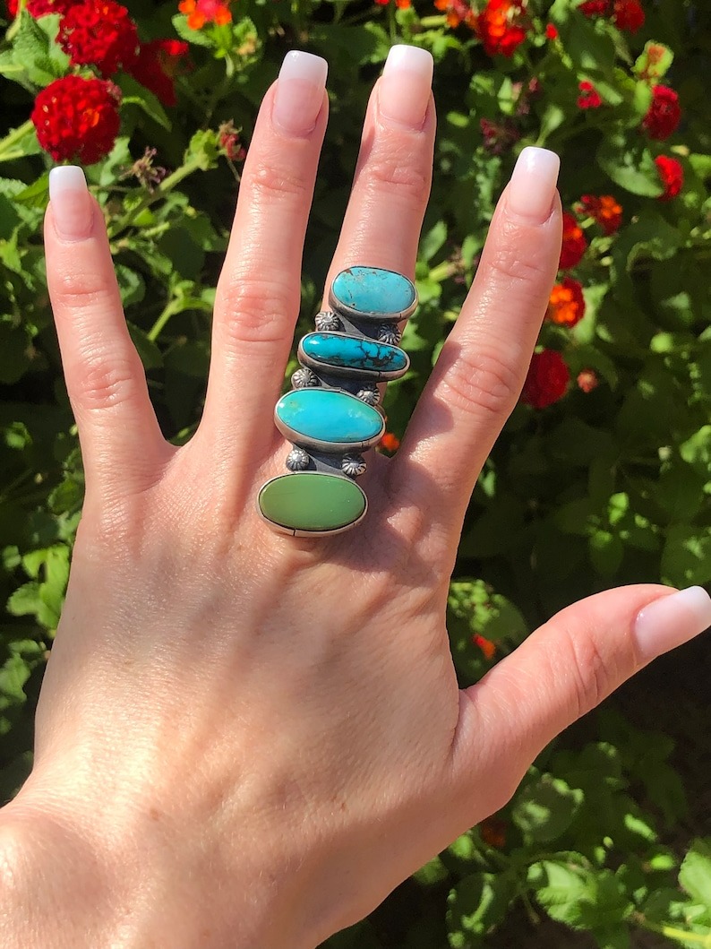 4-Turquoise Stone Sterling Silver Navajo Long Ring