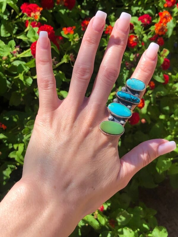 4-Turquoise Stone Sterling Silver Navajo Long Ring