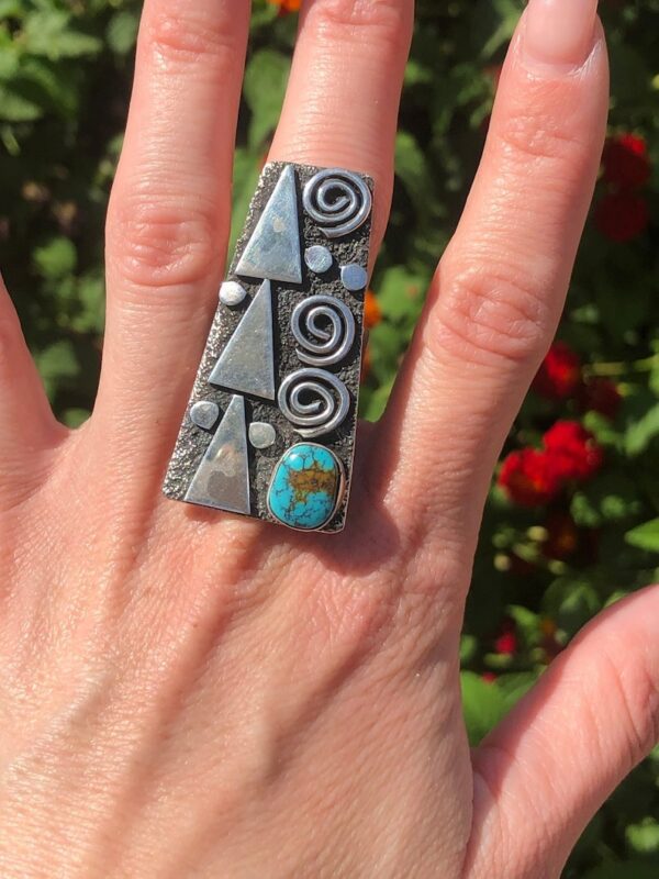 Alex Sanchez Gorgeous Lighting Bolt Sterling Silver Nevada Turquoise Long Ring