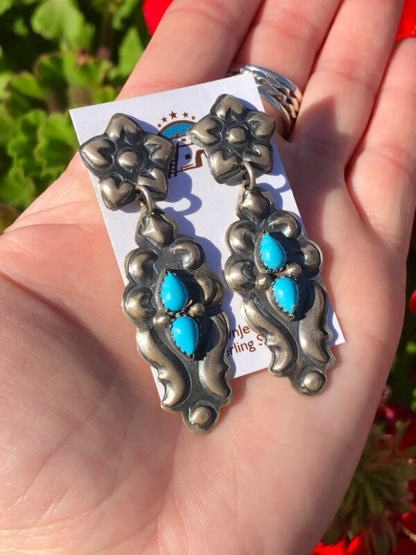 Beautiful Turquoise Sterling Silver Antiqued Post Dangle NavajoWomens Earrings