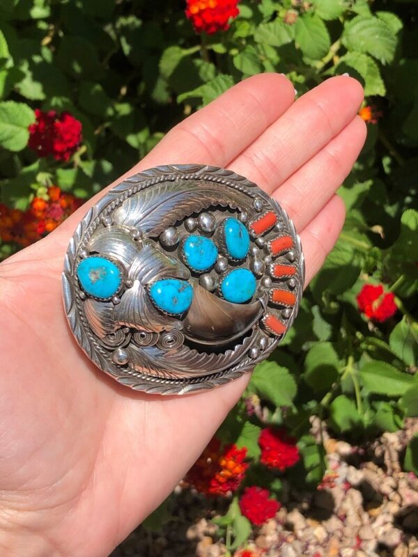 Coral + Kingman Turquoise Bear Claw Sterling Silver Belt Buckles