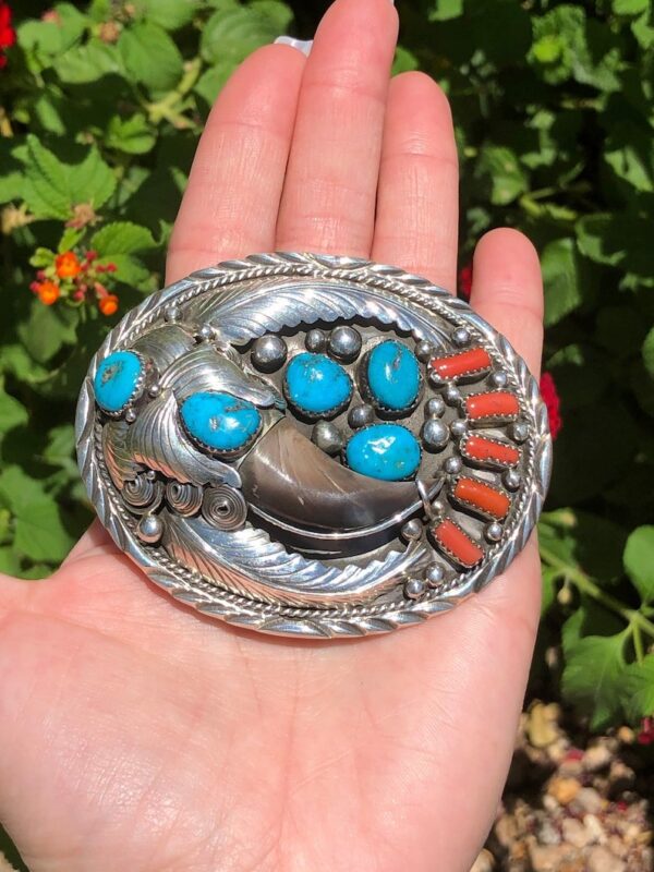 Coral + Kingman Turquoise Bear Claw Sterling Silver Belt Buckles