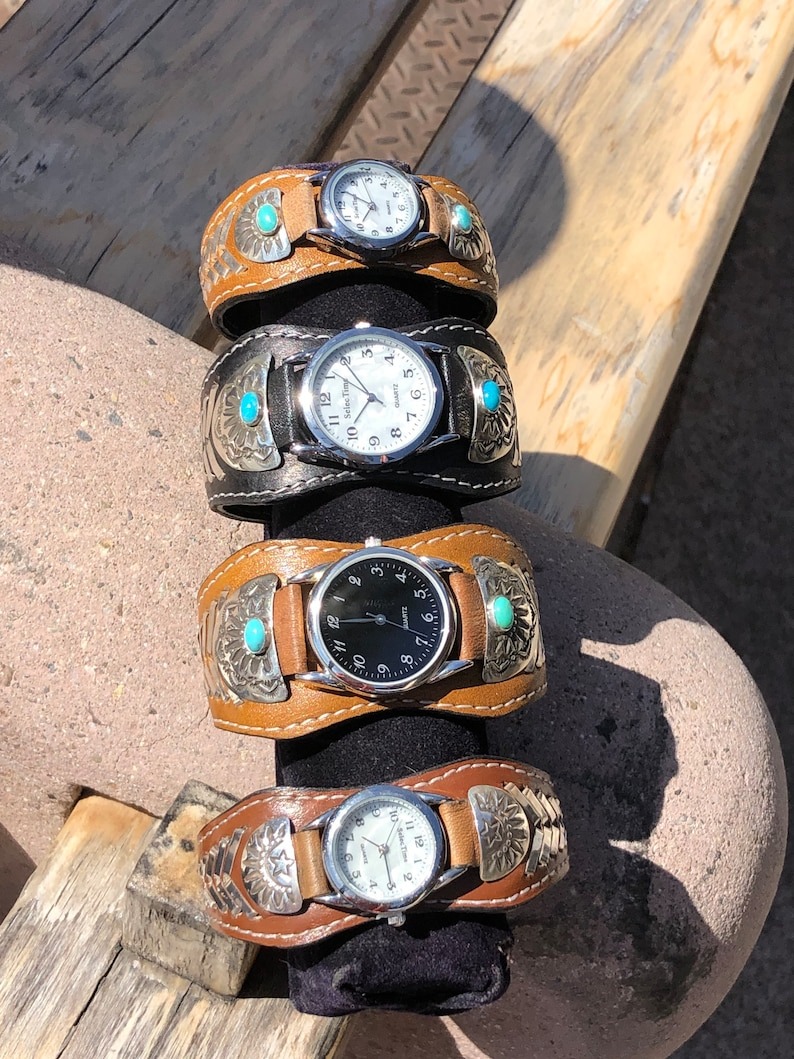 GENUINE LEATHER Sterling Silver Navajo Handmade Watch Cuff Bracelets