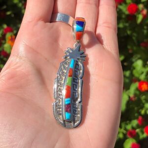 Gorgeous Colorful Multistone Inlayed Sterling Silver Navajo Feather pendent