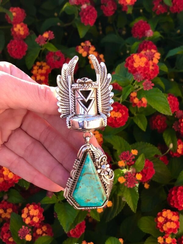 Henry Yazzie Sterling Silver Crow Mother Kachina San Bernardino Turquoise Large Pendent