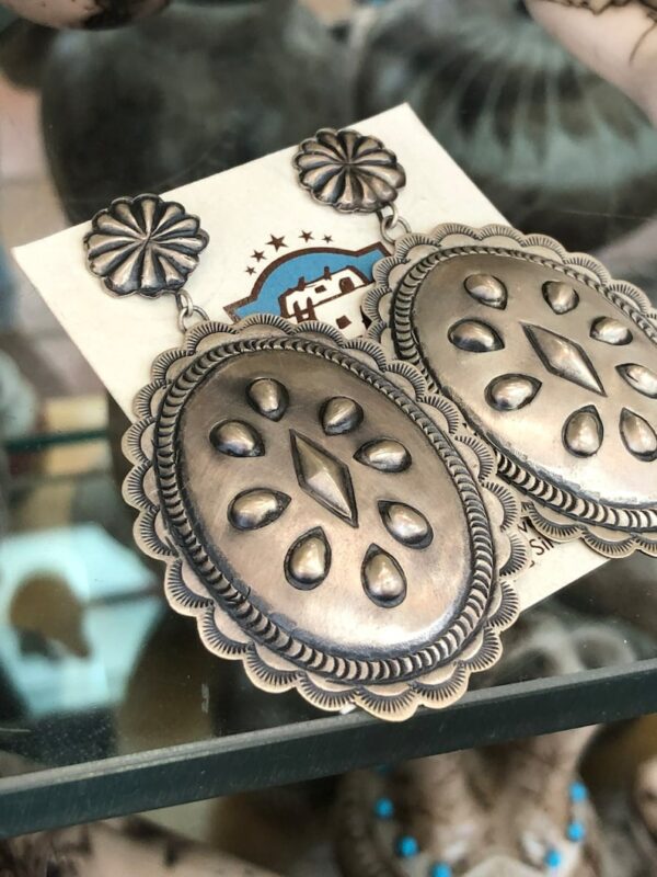 Large Antiqued Sterling Concho Post Drop Navajo Handmade Earrings