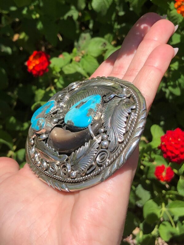 Mens Feather Sterling Silver Carlin Mine Turquoise Bear Claw Belt Buckle