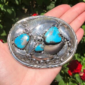 Mens Feather Sterling Silver Carlin Mine Turquoise Bear Claw Belt Buckle