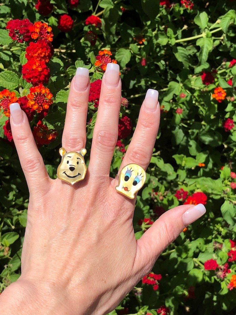 A hand with two rings on it and flowers in the background