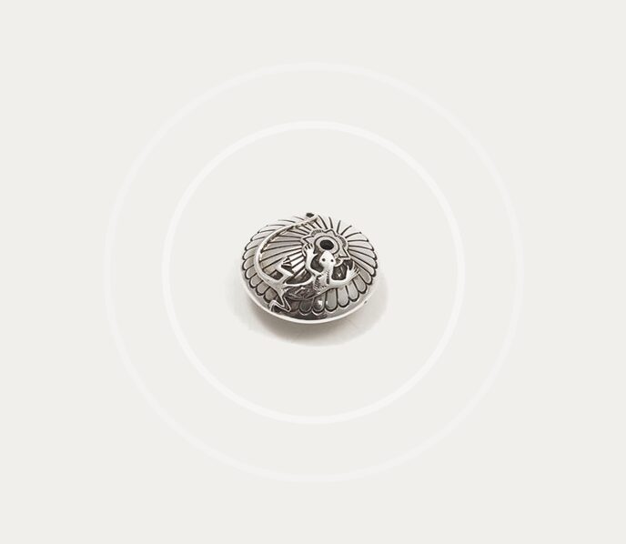 A silver button with a white background