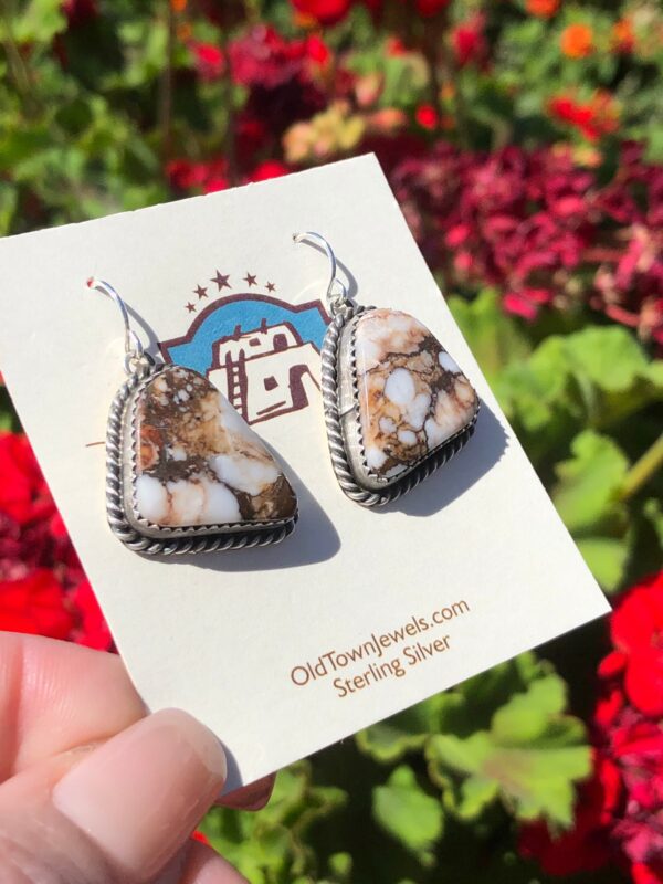 A pair of silver earrings with white and brown stones.