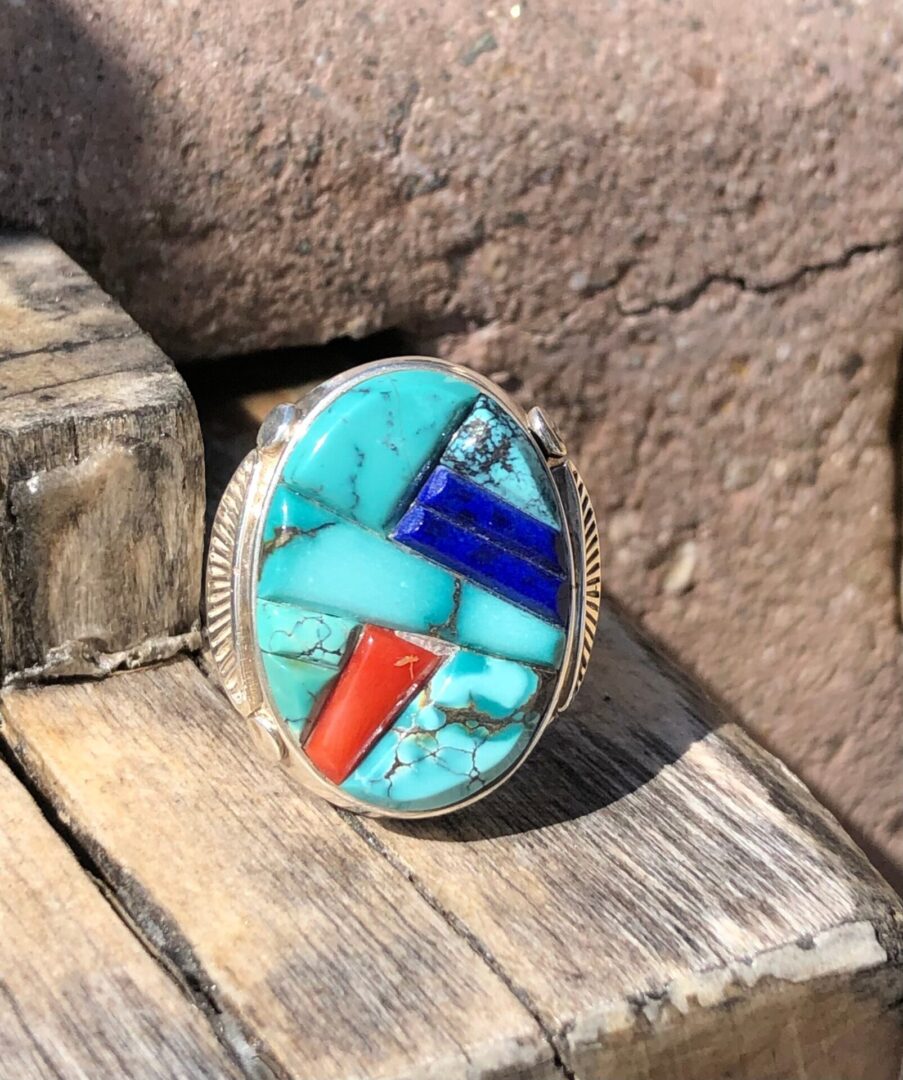 Mens CALENDRIA Turquoise + Coral + Lapis + Coral Sterling Silver Navajo ...