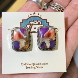 A pair of earrings with a purple stone on them.
