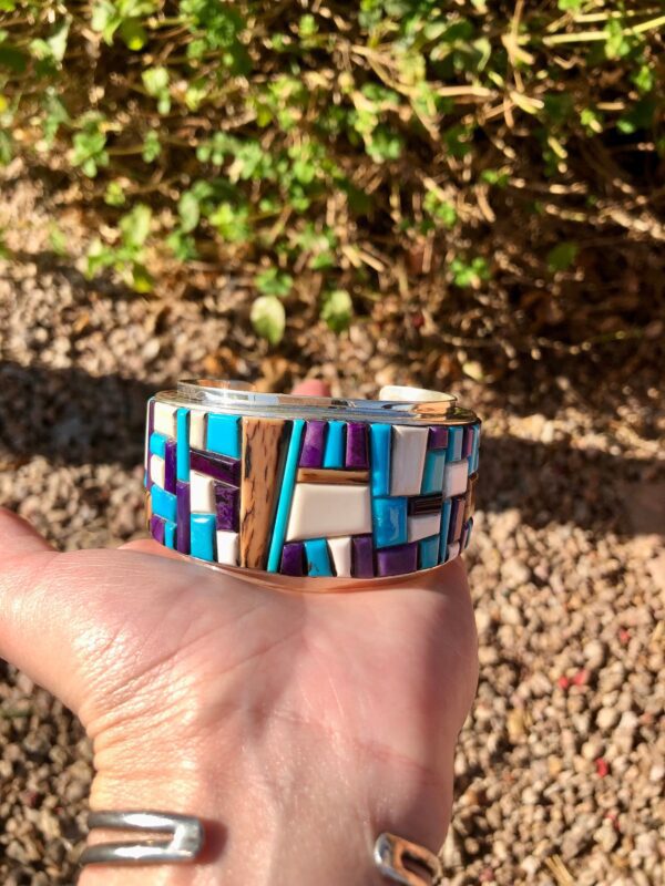 SPECTACULAR Multi-Stone Inlay Turquoise, Sugilite, and Shell Sterling Navajo Handmade Cuff Bracelet - Image 2