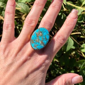 A hand wearing a large turquoise ring.