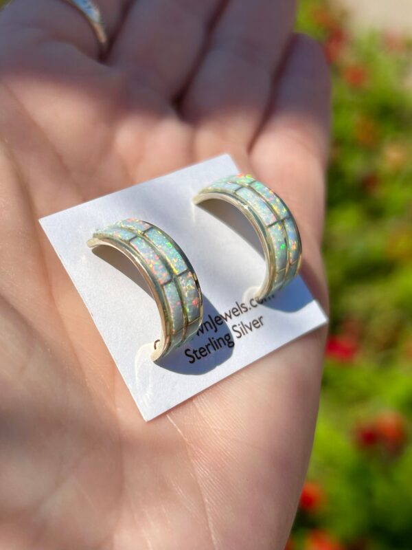 2 Row White Opal Inlay Zuni Half Hoop Sterling Silver Earrings - Image 2