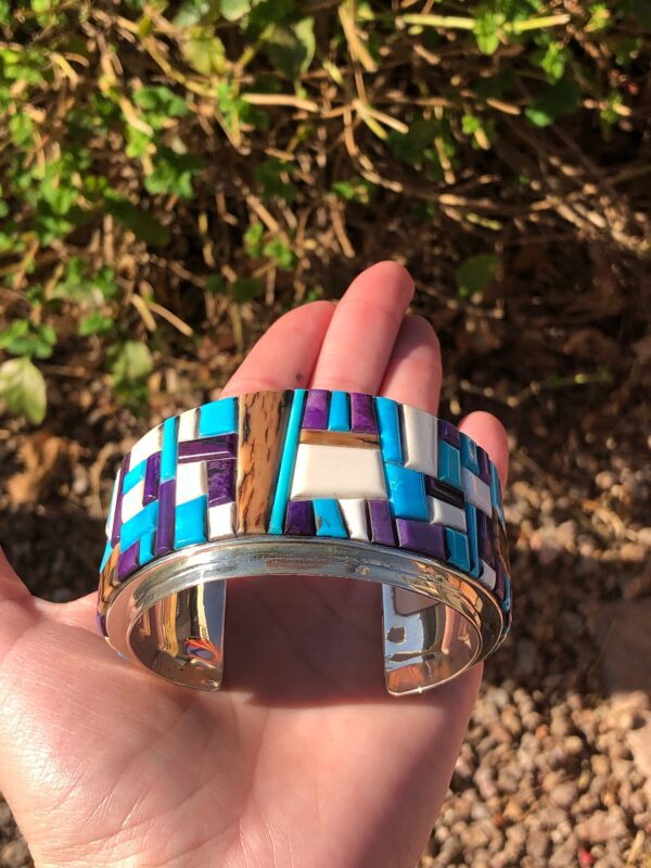 SPECTACULAR Multi-Stone Inlay Turquoise, Sugilite, and Shell Sterling Navajo Handmade Cuff Bracelet