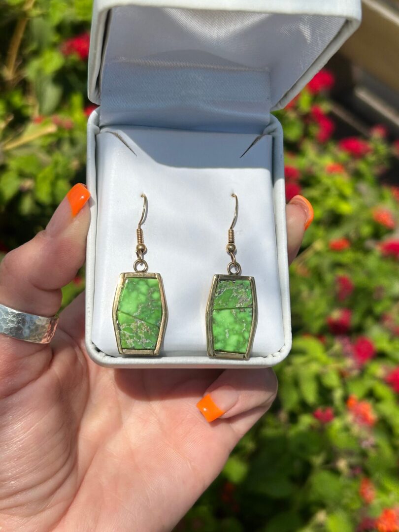 A person holding a pair of green earrings in a box.