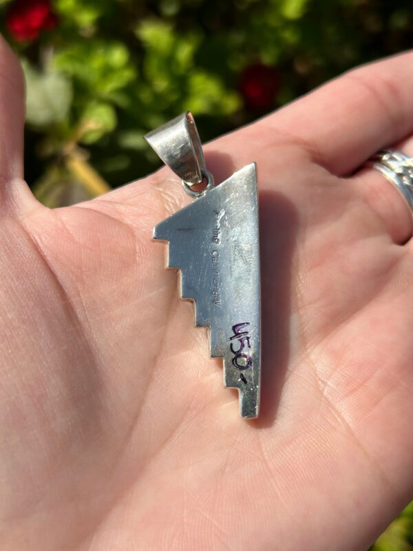 A silver pendant in the shape of a shark tooth.