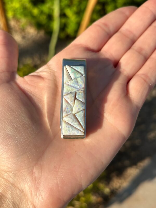 A hand holding a silver and white tie clip.