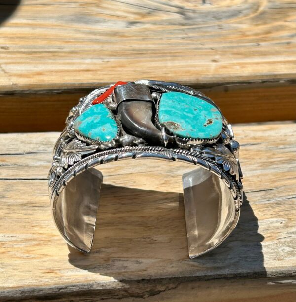 M. Thomas Jr. Large Turquoise, Coral, and Bear Claw Sterling Silver Navajo Handmade Cuff Bracelet - Image 2