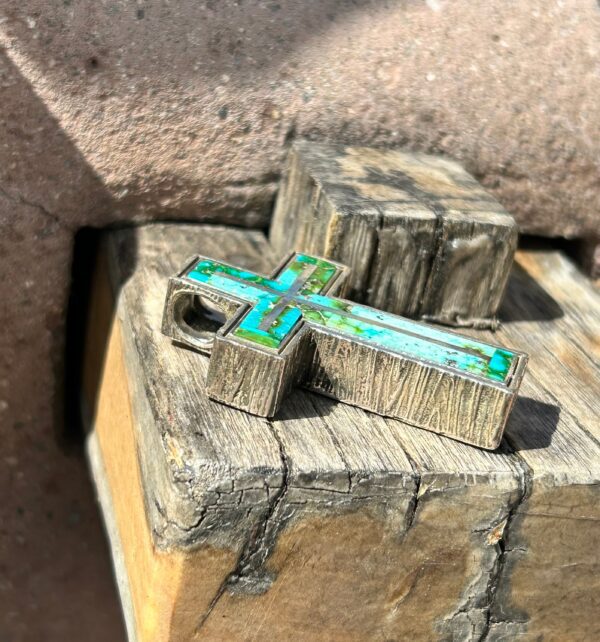 Heavy Thick Sonoran Gold Turquoise Cross Navajo Handmade Pendant - Image 3