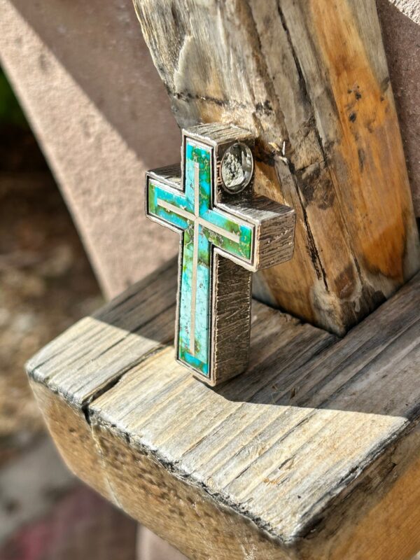 Heavy Thick Sonoran Gold Turquoise Cross Navajo Handmade Pendant - Image 5