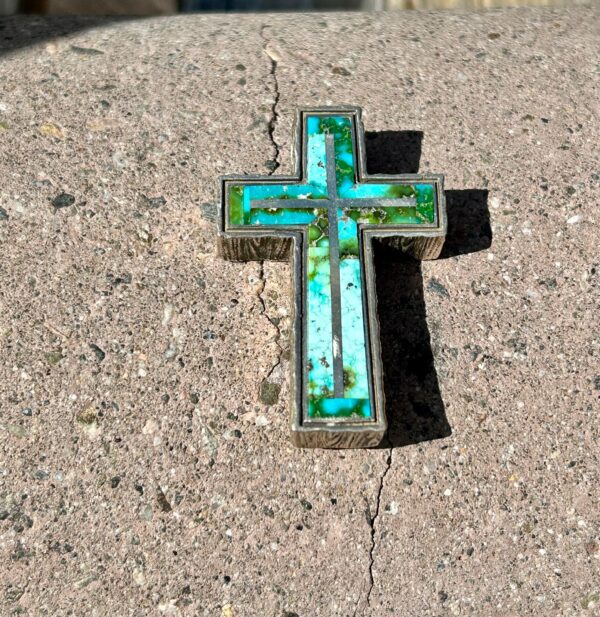 Heavy Thick Sonoran Gold Turquoise Cross Navajo Handmade Pendant - Image 4