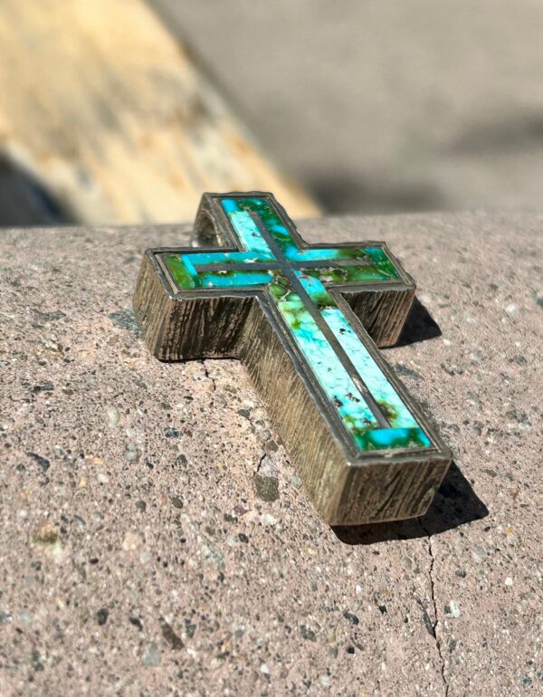 Heavy Thick Sonoran Gold Turquoise Cross Navajo Handmade Pendant - Image 2