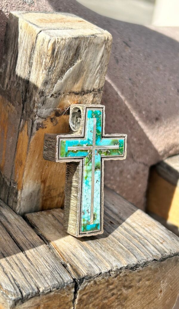 Heavy Thick Sonoran Gold Turquoise Cross Navajo Handmade Pendant - Image 7