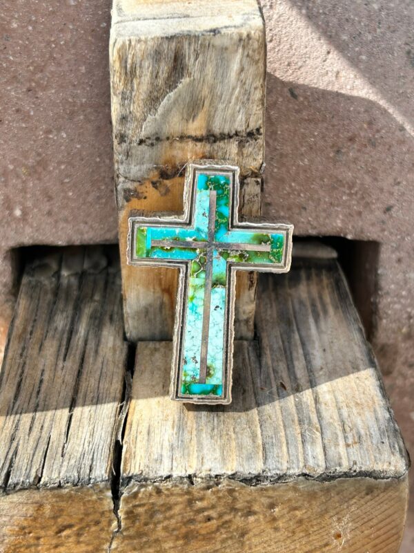 Heavy Thick Sonoran Gold Turquoise Cross Navajo Handmade Pendant - Image 6