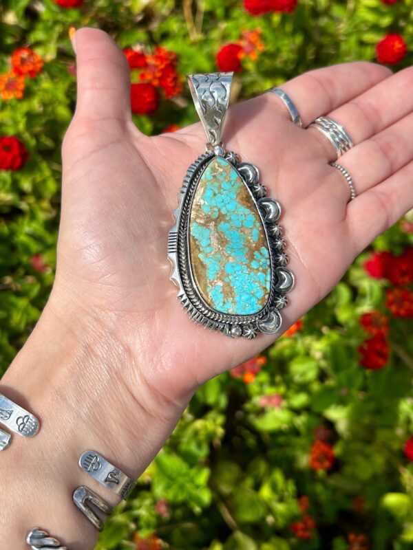 New Mexico Turquoise Sterling Silver With Moon and Navajo Stars Pendant - Image 4