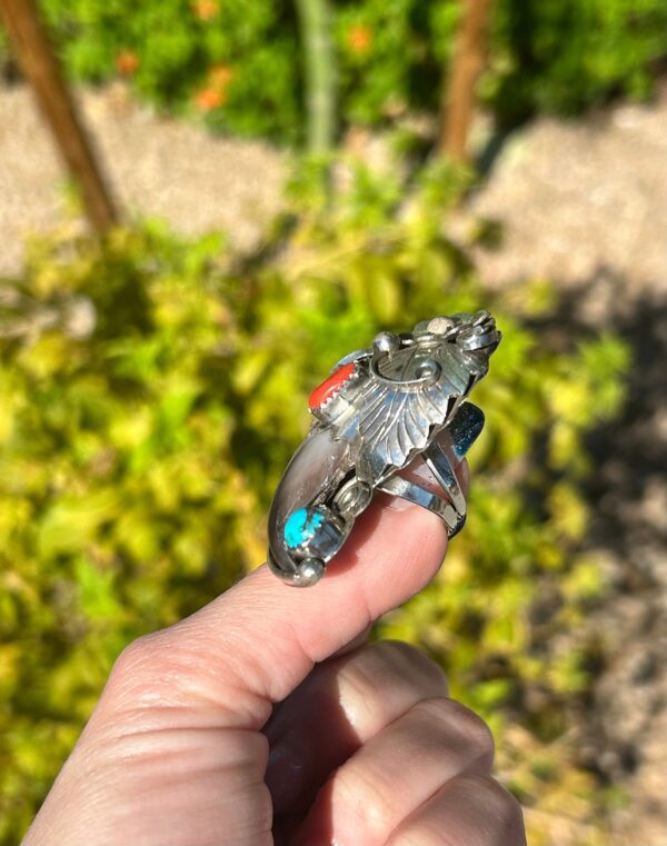 Turquoise And Coral Sterling Silver Navajo Handmade Bear Claw Ring - Image 4