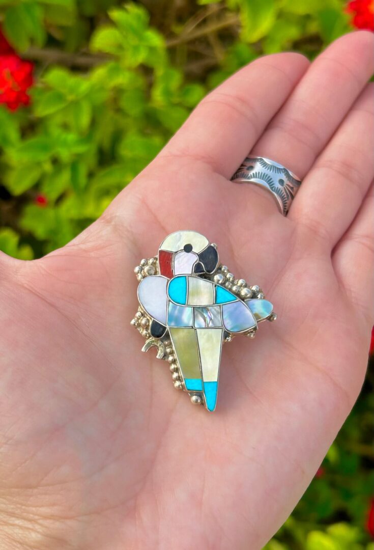 A hand holding a colorful bird brooch.