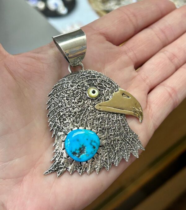 Eagle Sterling Silver and 14kt Gold with Turquoise Eagle Pendant - Image 2