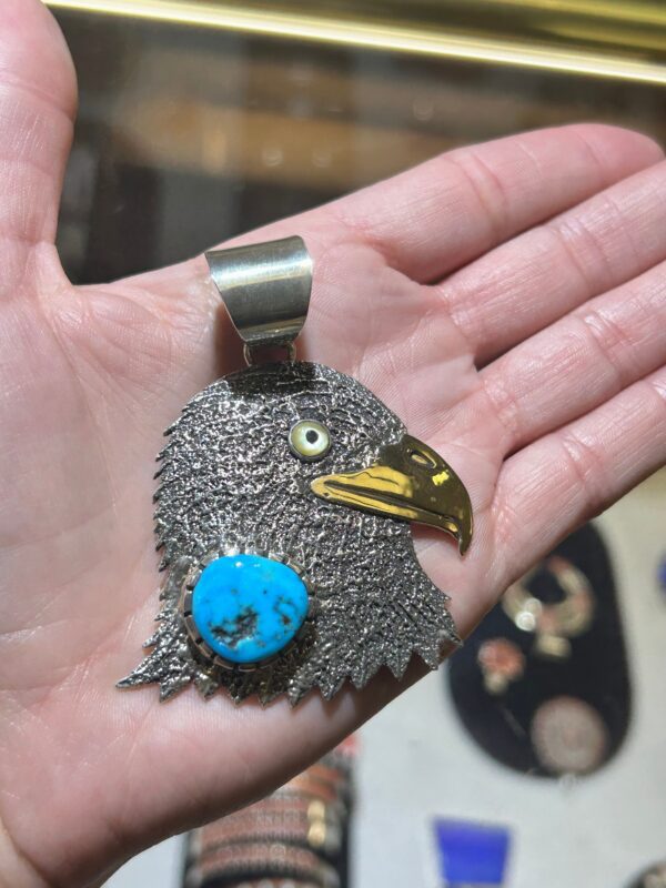 Eagle Sterling Silver and 14kt Gold with Turquoise Eagle Pendant