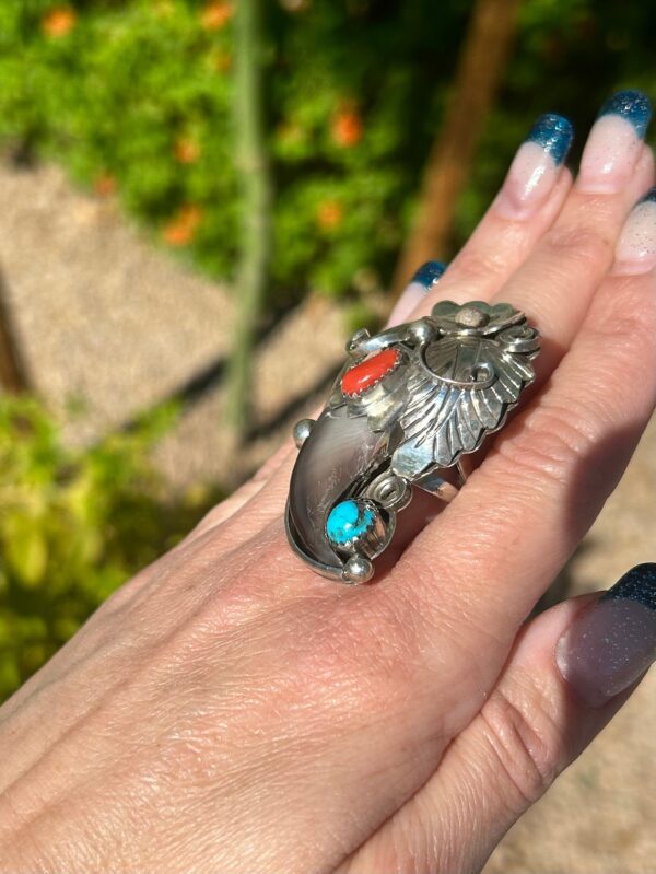 Turquoise And Coral Sterling Silver Navajo Handmade Bear Claw Ring - Image 3