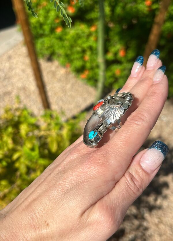 Turquoise And Coral Sterling Silver Navajo Handmade Bear Claw Ring - Image 9