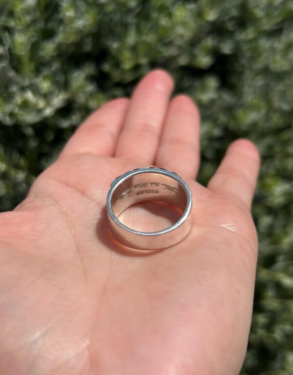 A silver ring with black stones in the sun.