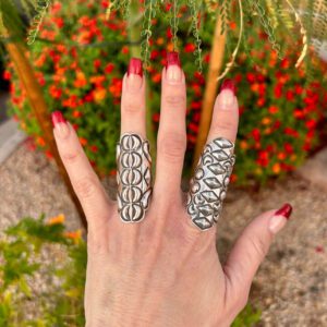 A hand wearing two silver rings in front of red flowers.