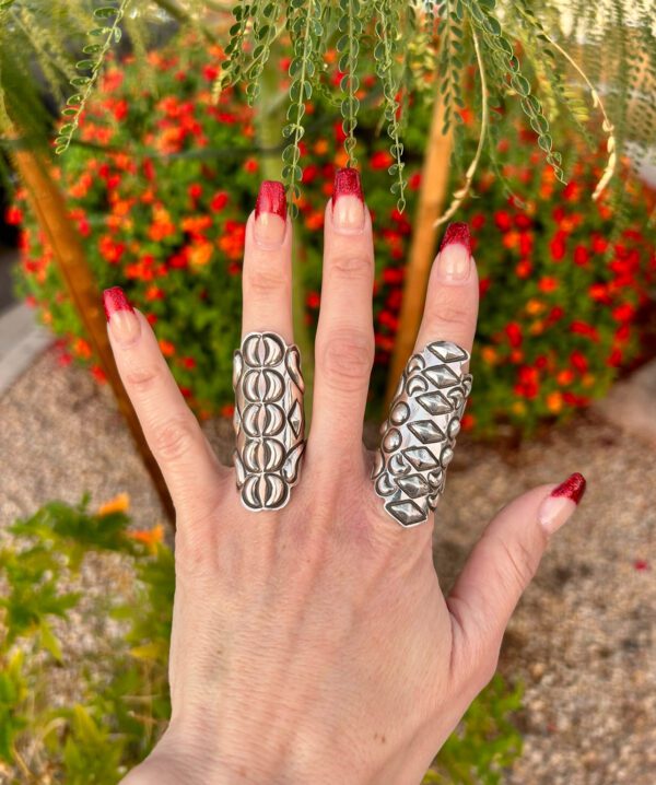 A hand wearing two silver rings in front of red flowers.