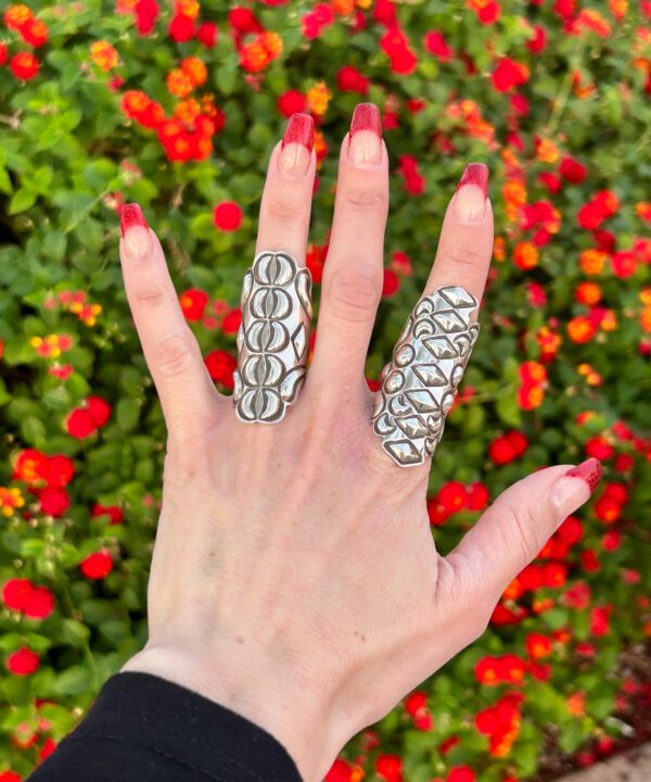 A hand wearing two silver rings in front of red flowers.