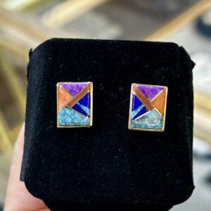 Multicolored stone inlay earrings in box.