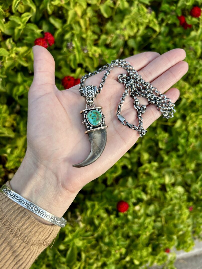 Silver claw pendant necklace with turquoise stone.