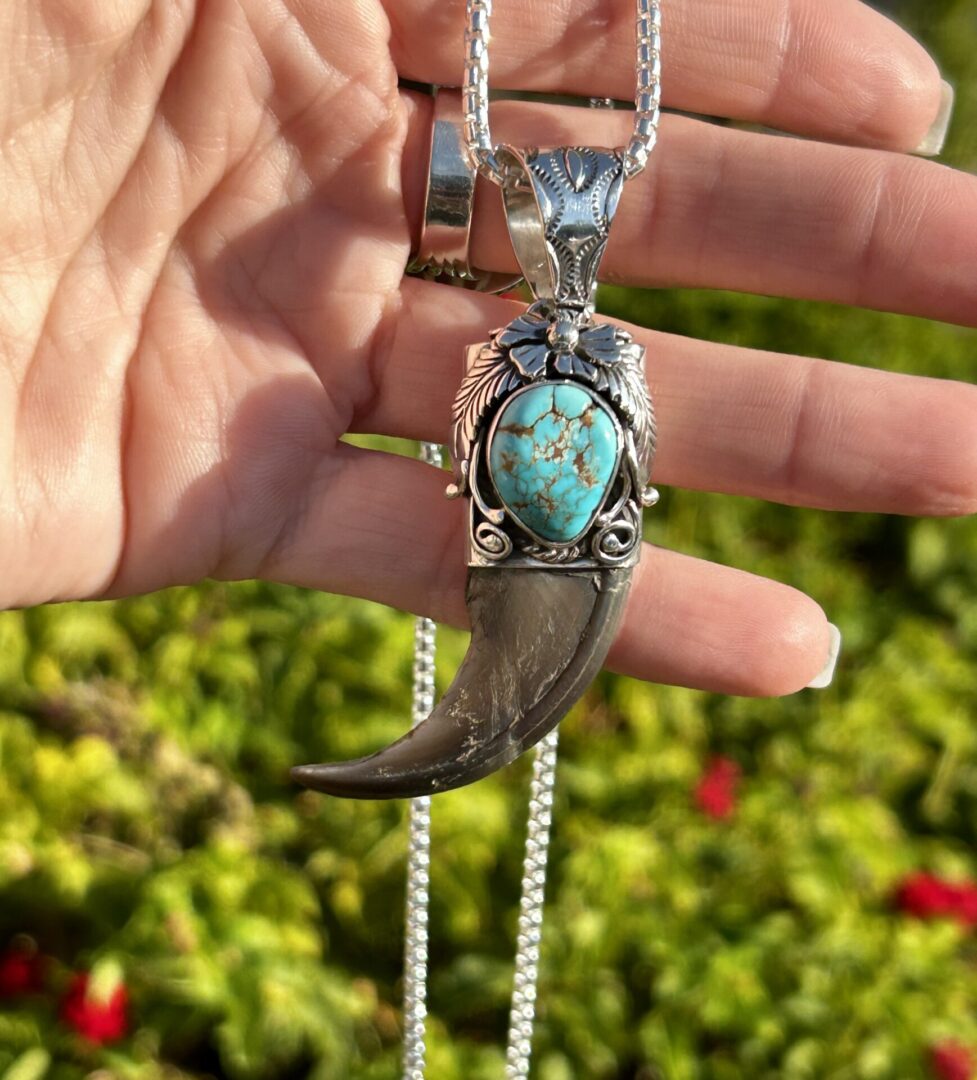 Silver claw necklace with turquoise stone.