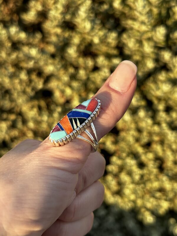 Navajo Handmade Multistone Inlay Oval Sterling Silver Colorful Ring - Image 5