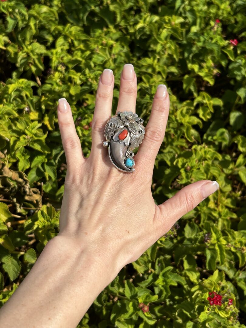 Silver ring with bear claw and stones.