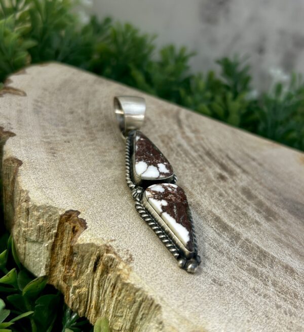 Wildhorse Turquoise 2 Stone Sterling Silver Navajo Handmade Pendant with Sterling Silver Chain - Image 3