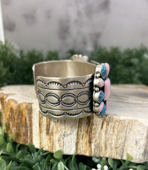 Pink Conch Shell and Turquoise Sterling Silver Navajo Handmade Cuff Bracelet - Image 4