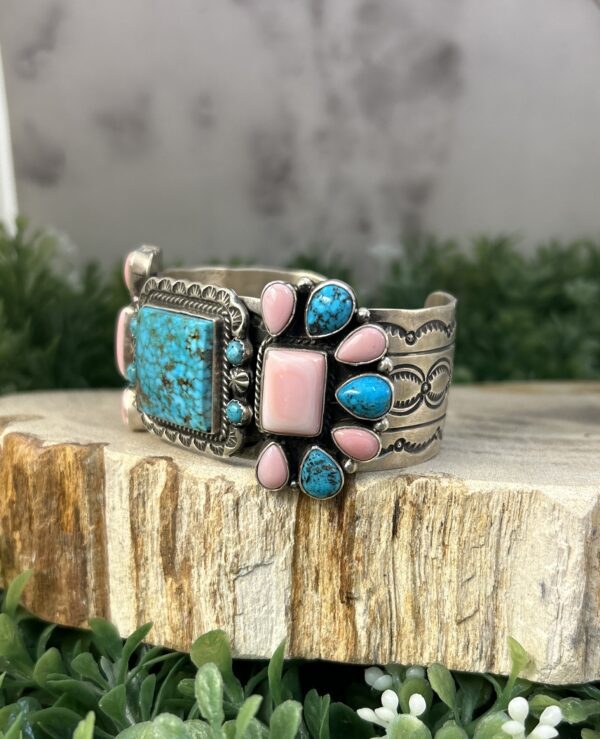 Pink Conch Shell and Turquoise Sterling Silver Navajo Handmade Cuff Bracelet - Image 5